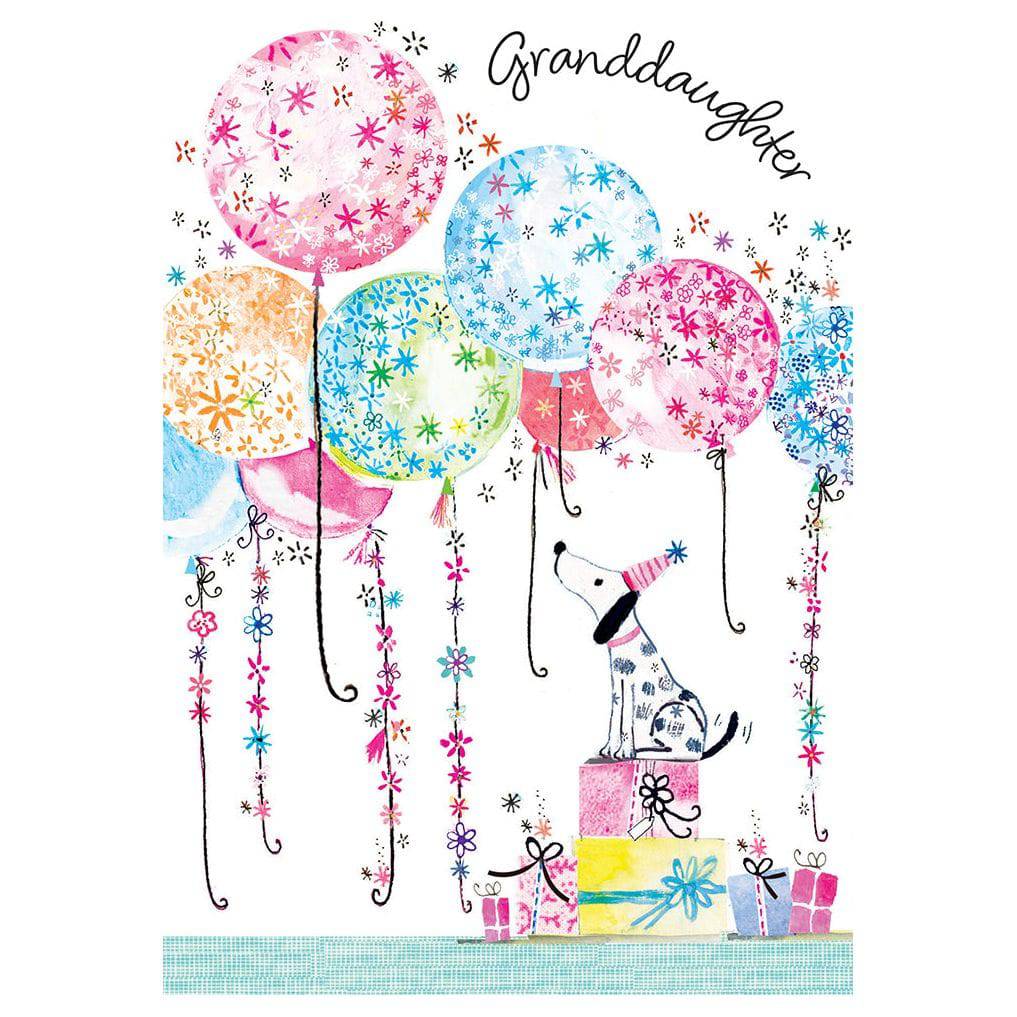Pictura Dalmatian balloons birthday card for granddaughter, featuring colorful illustrations of playful Dalmatian puppies and balloons.